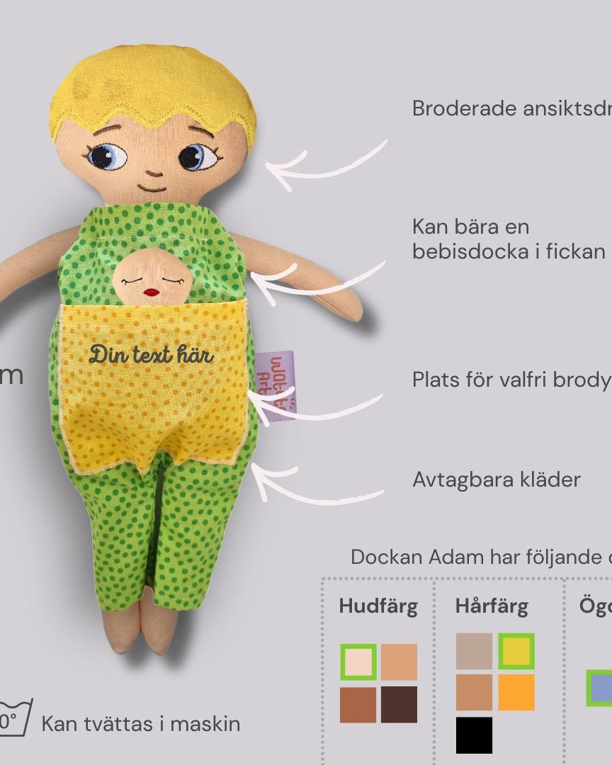 mjuk docka Adam med diagram som visar mått, detaljer och färgalternativ