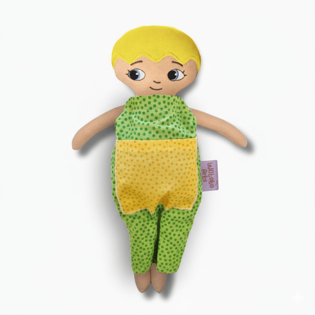 mjuk docka Adam i grön jumpsuit på vit bakgrund