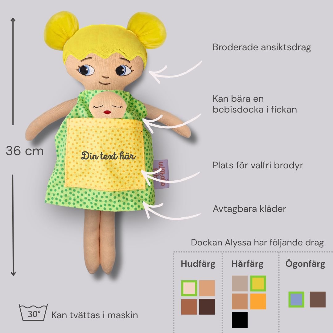 mjuk docka Alyssa med diagram som visar mått, detaljer och färgalternativ