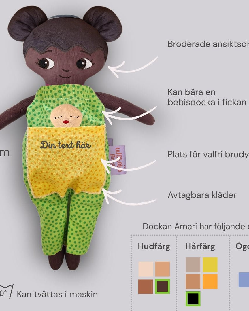 mjuk docka Amari med diagram som visar mått, detaljer och färgalternativ