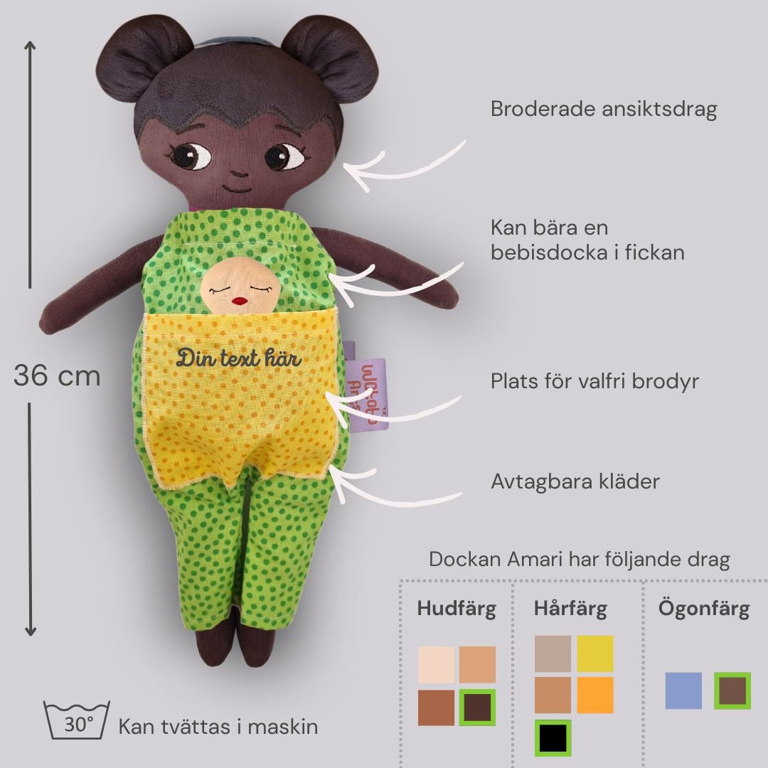mjuk docka Amari med diagram som visar mått, detaljer och färgalternativ