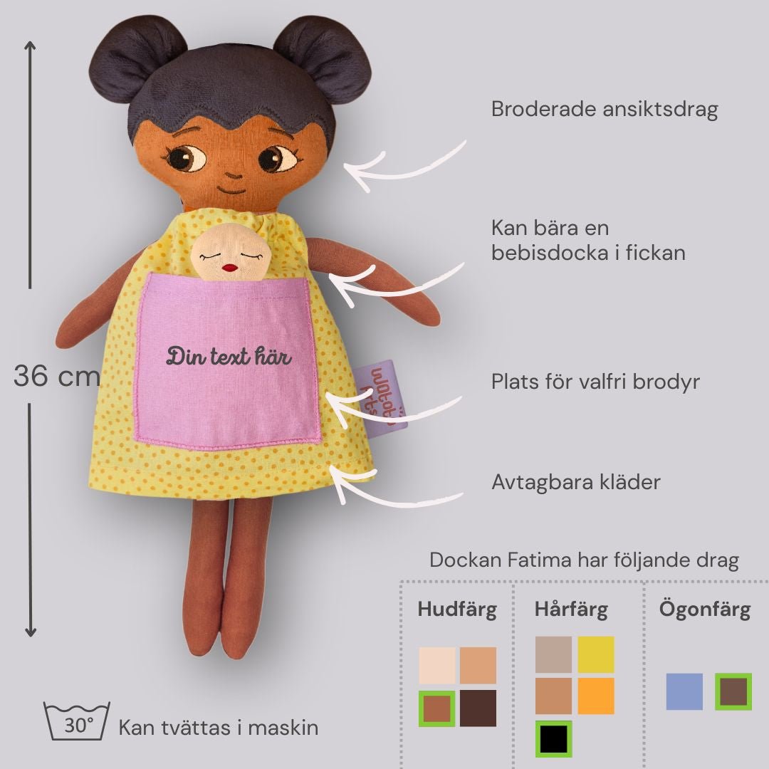 mjuk docka Fatima med diagram som visar mått, detaljer och färgalternativ