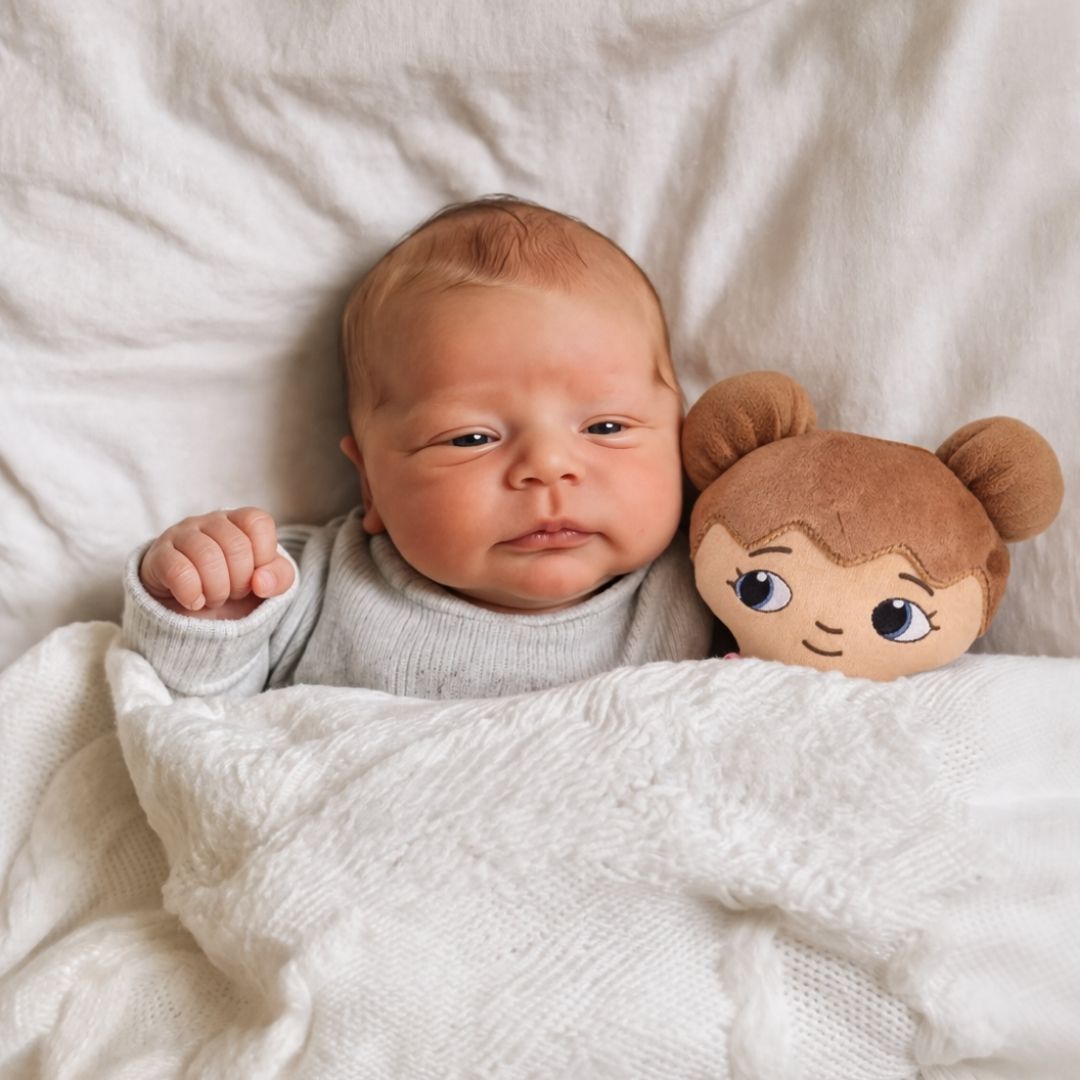 Ett spädbarn som sover med sin mjuka docka i sängen, täcker ligger över både barnet och dockan