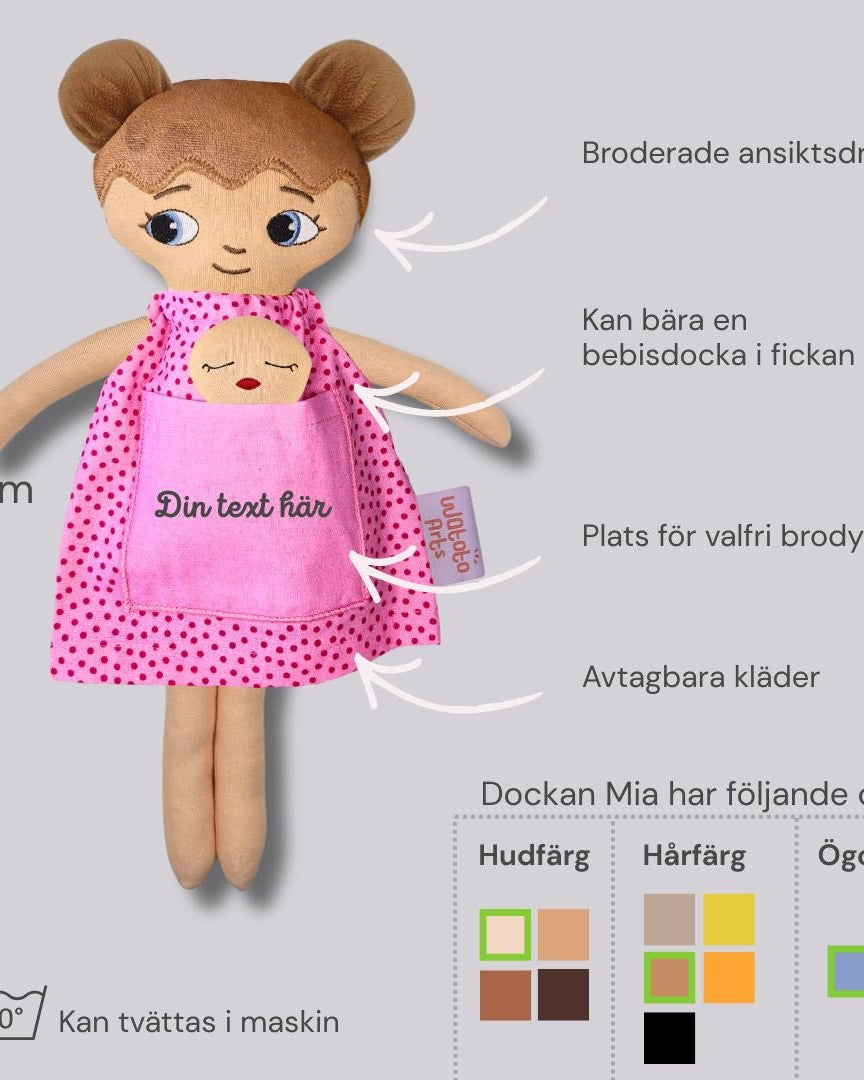mjuk docka Mia med diagram som visar mått, detaljer och färgalternativ