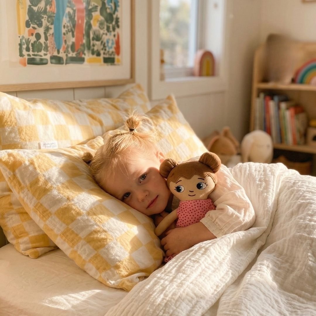 Ett barn som kramar om sin mjuka tygdocka i sin säng