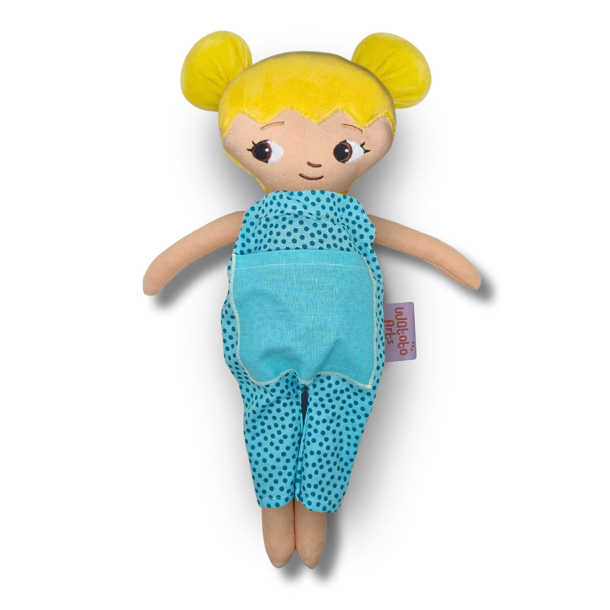 Dockan Amanda med blont hår, bruna ögon och blå jumpsuit