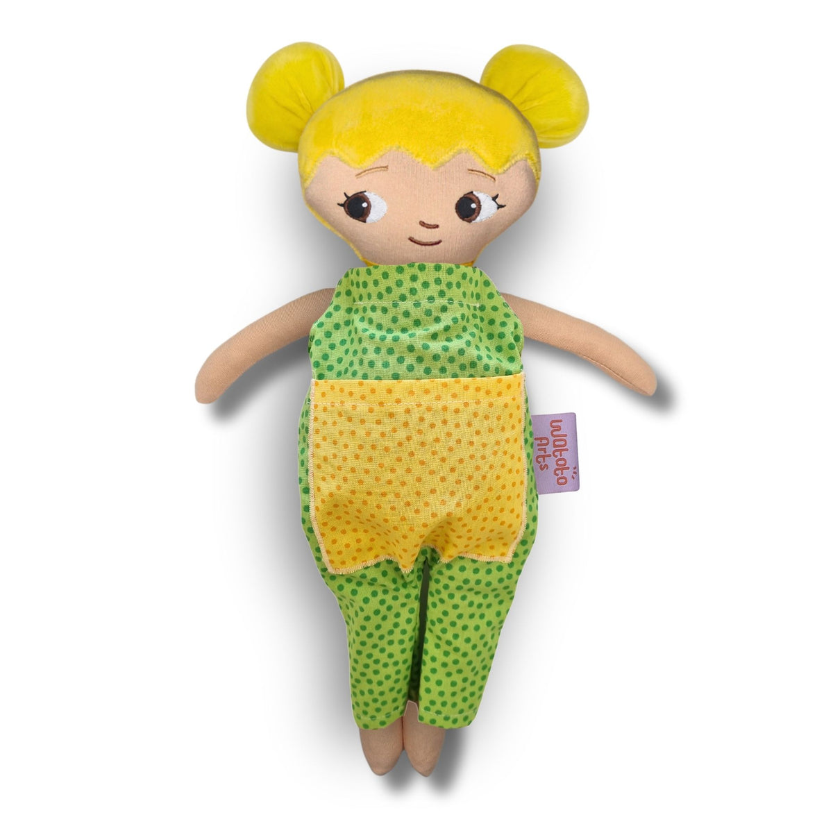 Dockan Amanda med blont hår, bruna ögon och grön jumpsuit