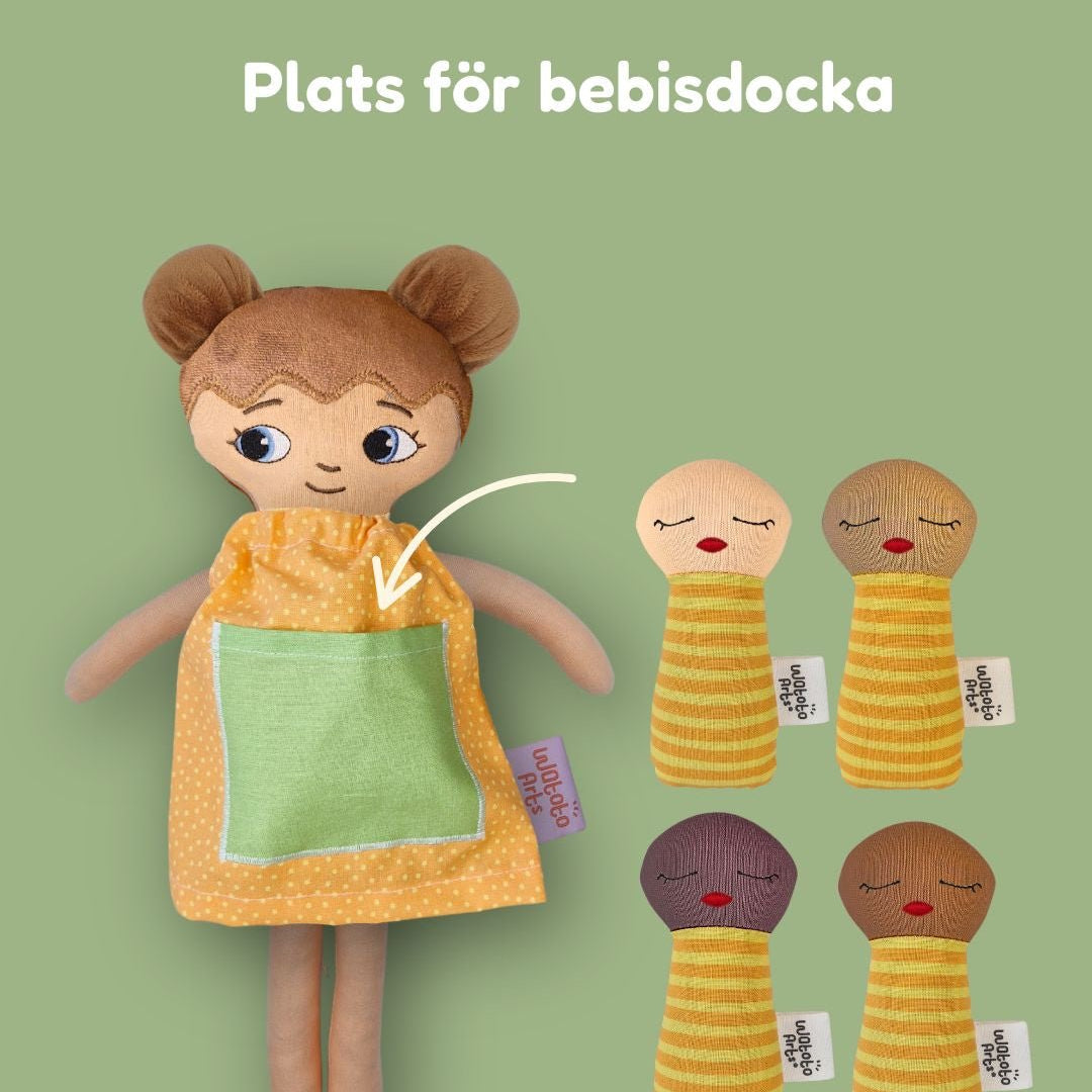 mjuk docka med ficka för bebisdocka och bebisdodckor i olika hudtoner