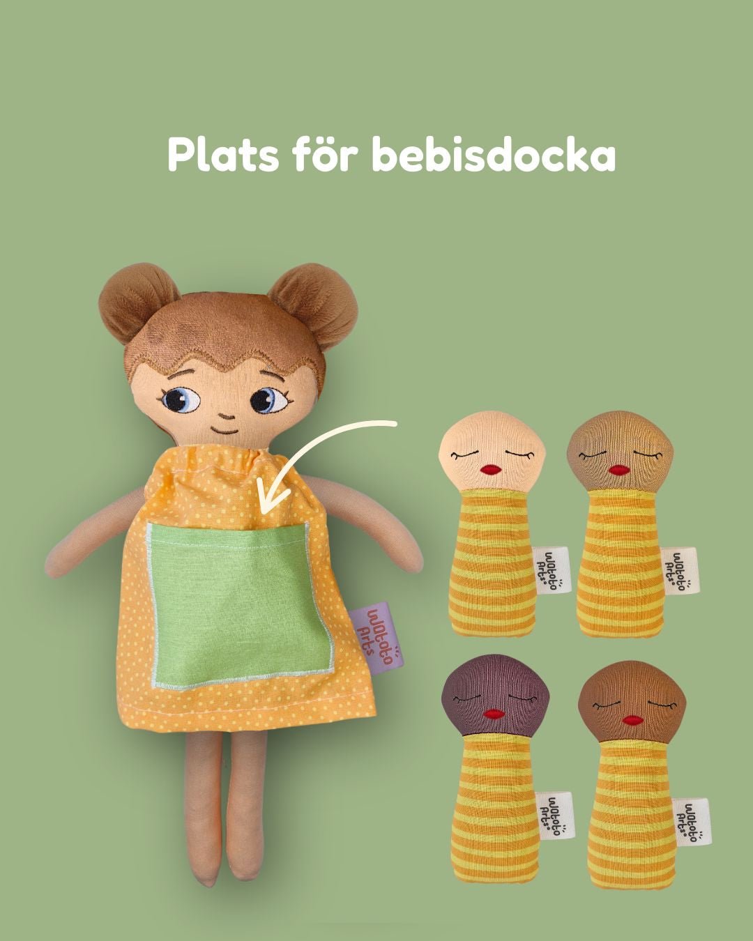 mjuk docka med ficka för bebisdocka och bebisdodckor i olika hudtoner