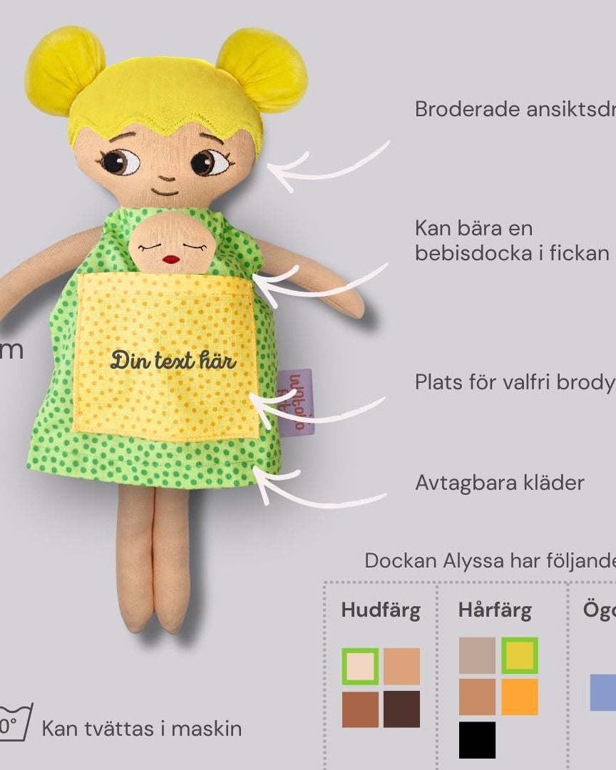 Mjuk docka med personlig brodyr | Dockan Amanda