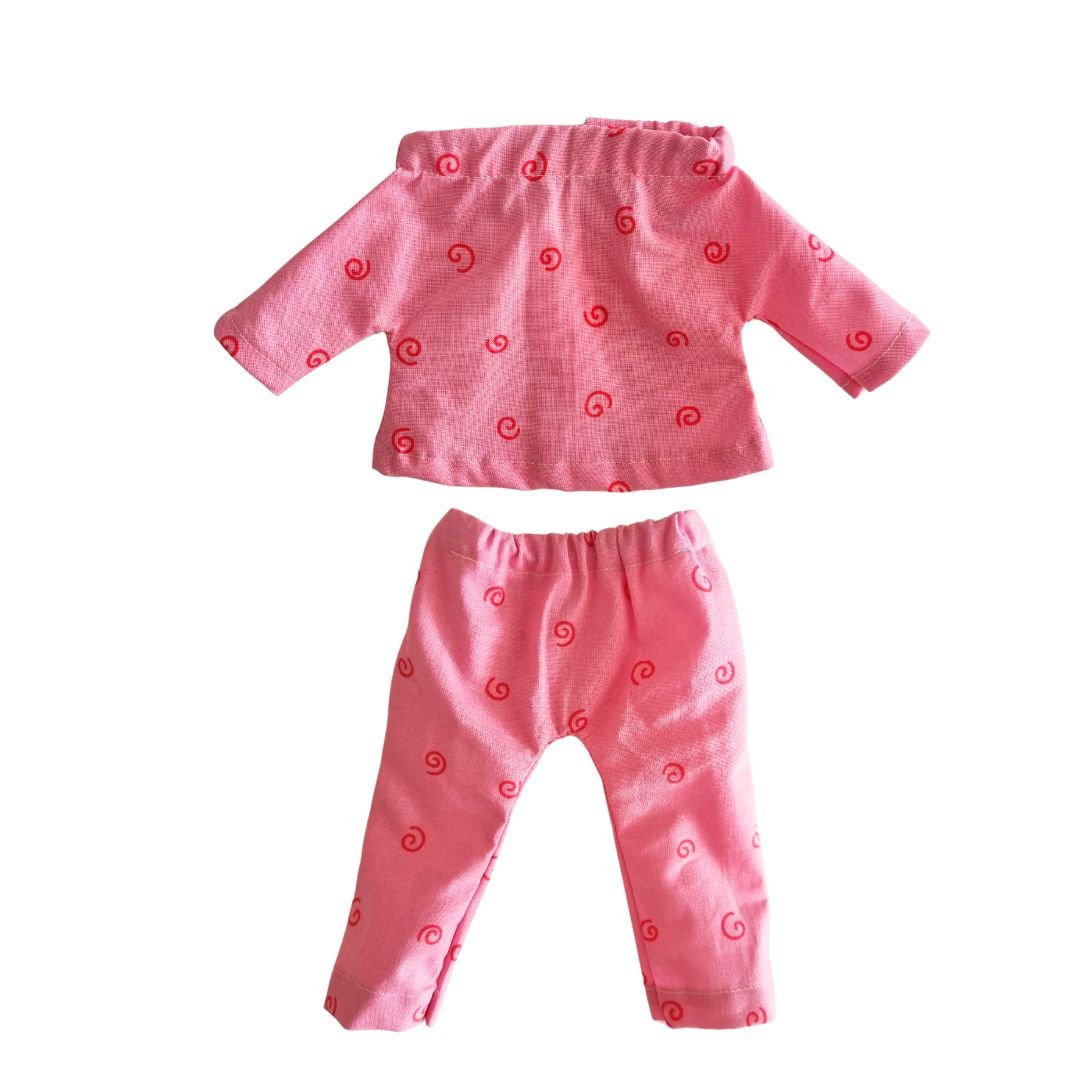 Rosa, tvådelad Pyjamas till Docka. Sydd av ekologiskt tyg av Watoto Arts
