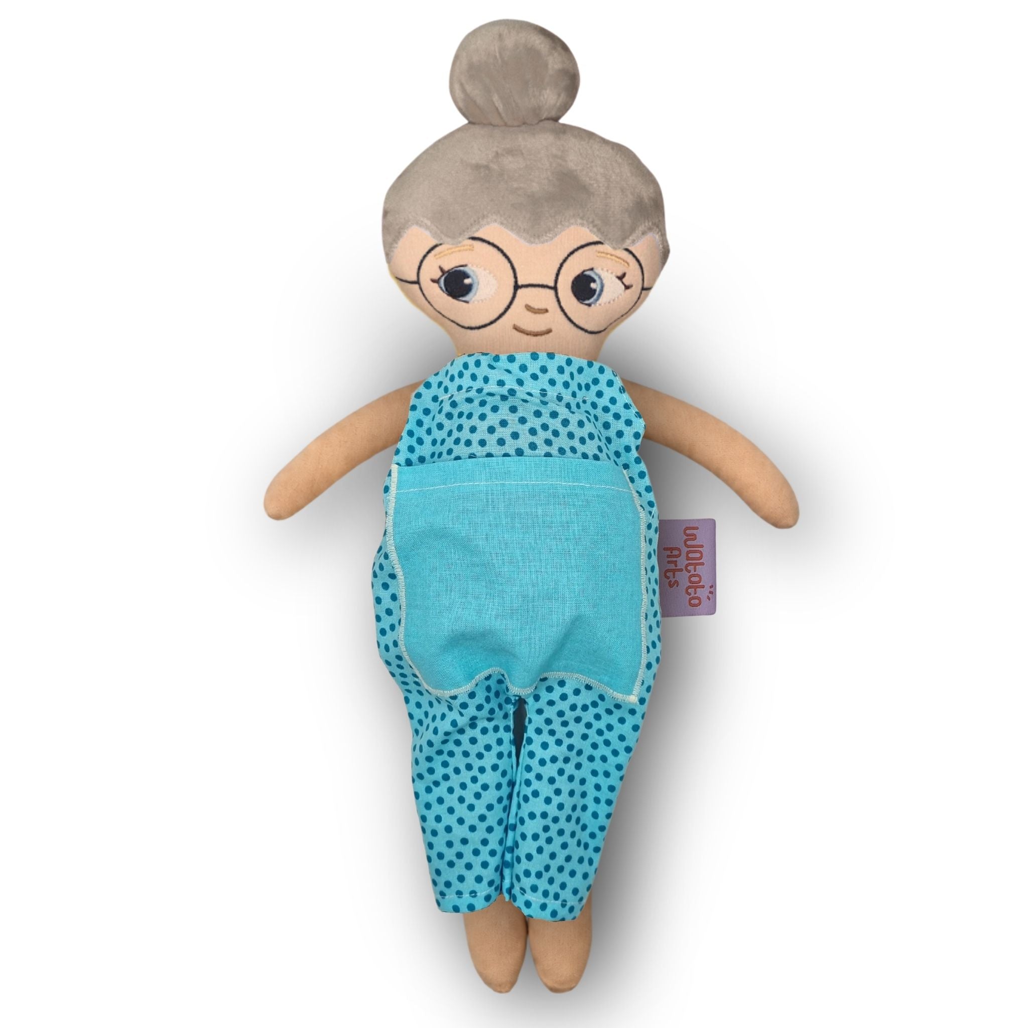 Docka mormor/farmor med grått hår, vit hud, blå ögon och blå jumpsuit