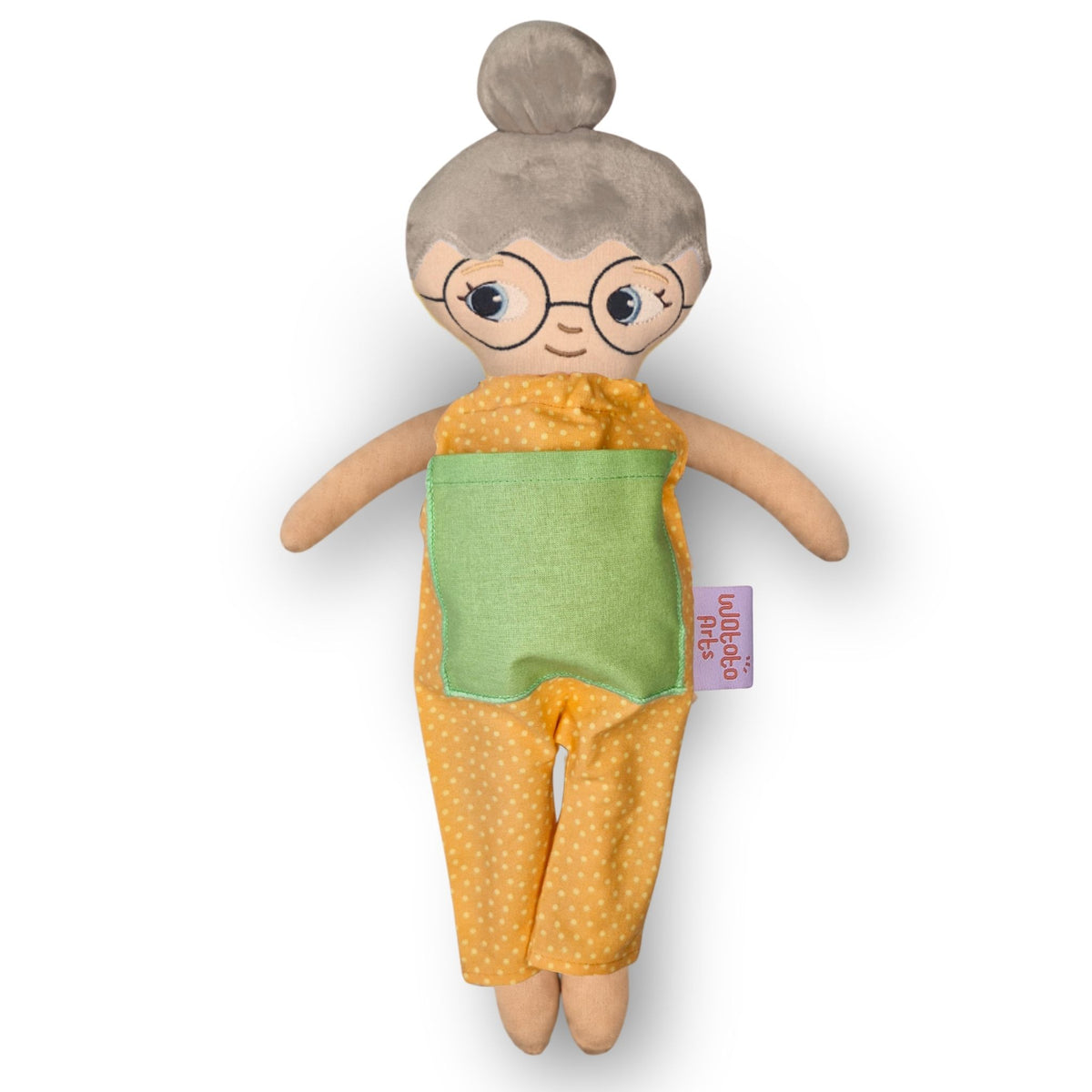 Docka mormor/farmor med grått hår, vit hud och blå ögon – orange jumpsuit