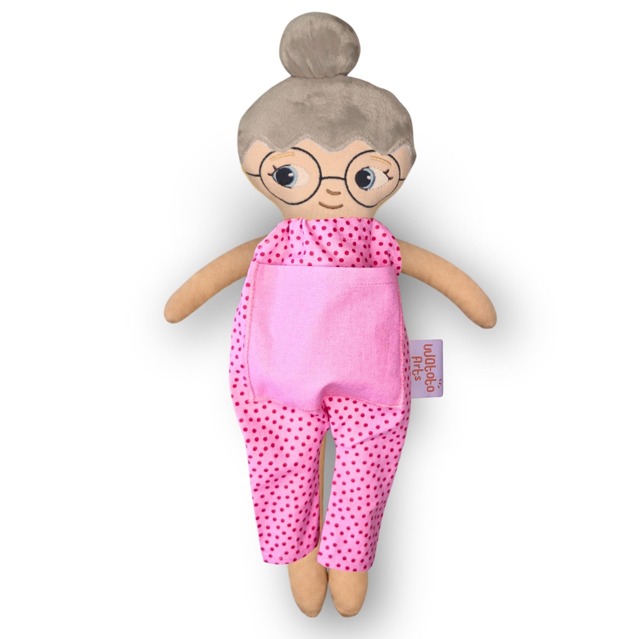 Docka mormor/farmor med grått hår, vit hud och blå ögon – rosa jumpsuit