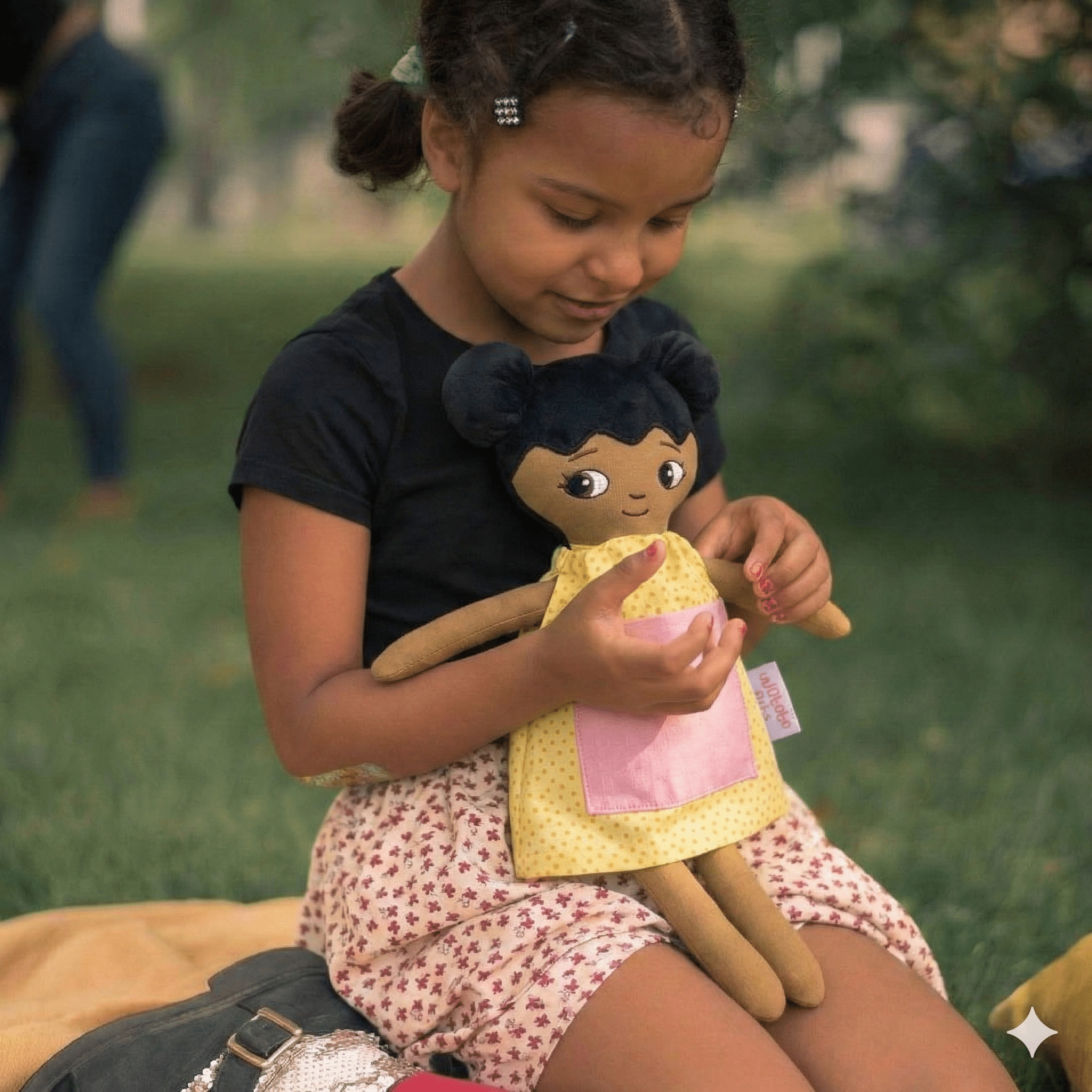 mjuk docka med personlig brodyr och barn som leker utomhus