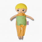 mjuk docka Adam i orange jumpsuit på vit bakgrund