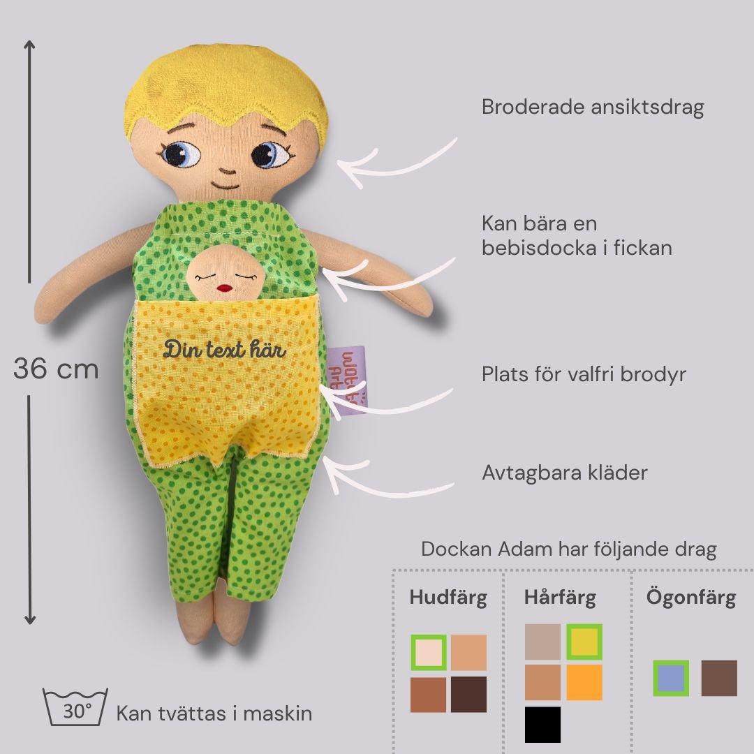 mjuk docka Adam med diagram som visar mått, detaljer och färgalternativ