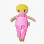 mjuk docka Adam i rosa jumpsuit på vit bakgrund