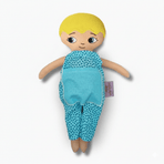 mjuk docka Adam i blå jumpsuit på vit bakgrund