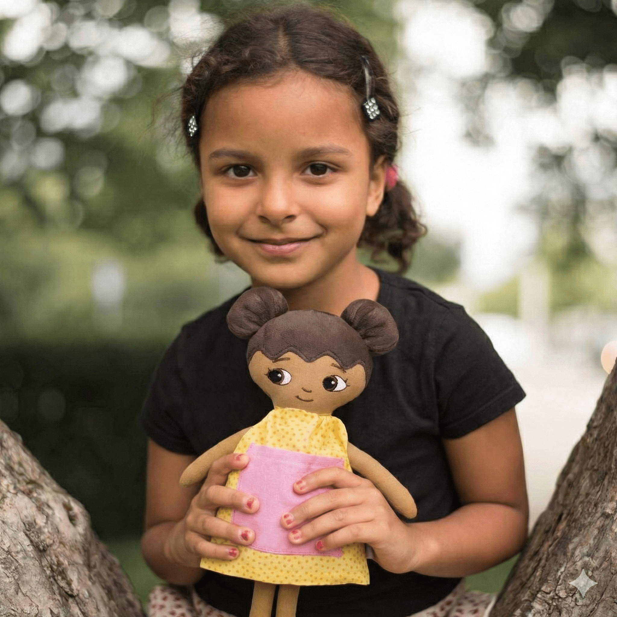 Ficka som kramar om sin watoto arts docka utomhus