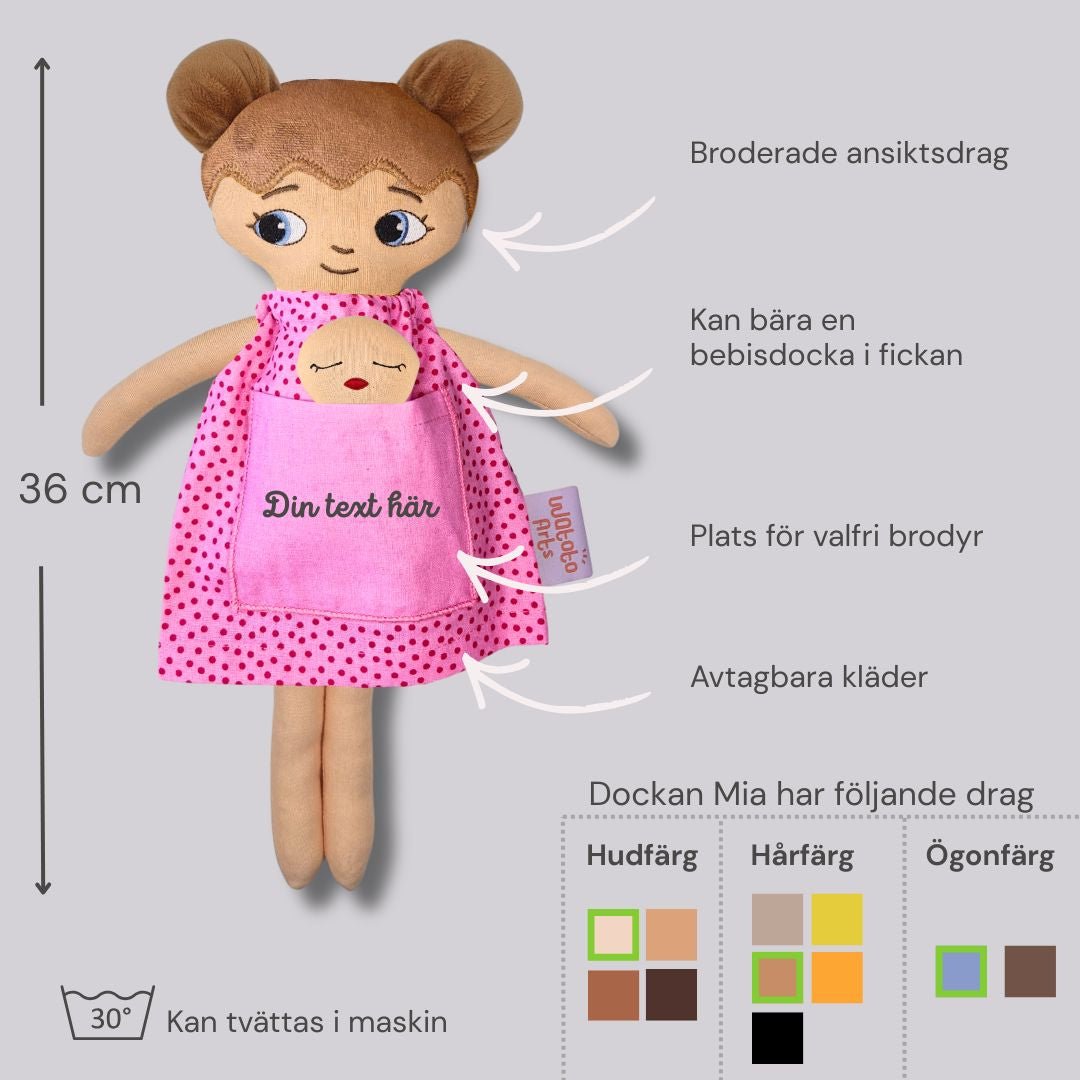 mjuk docka Mia med diagram som visar mått, detaljer och färgalternativ