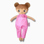 mjuk docka Mia i rosa jump suit på vit bakgrund