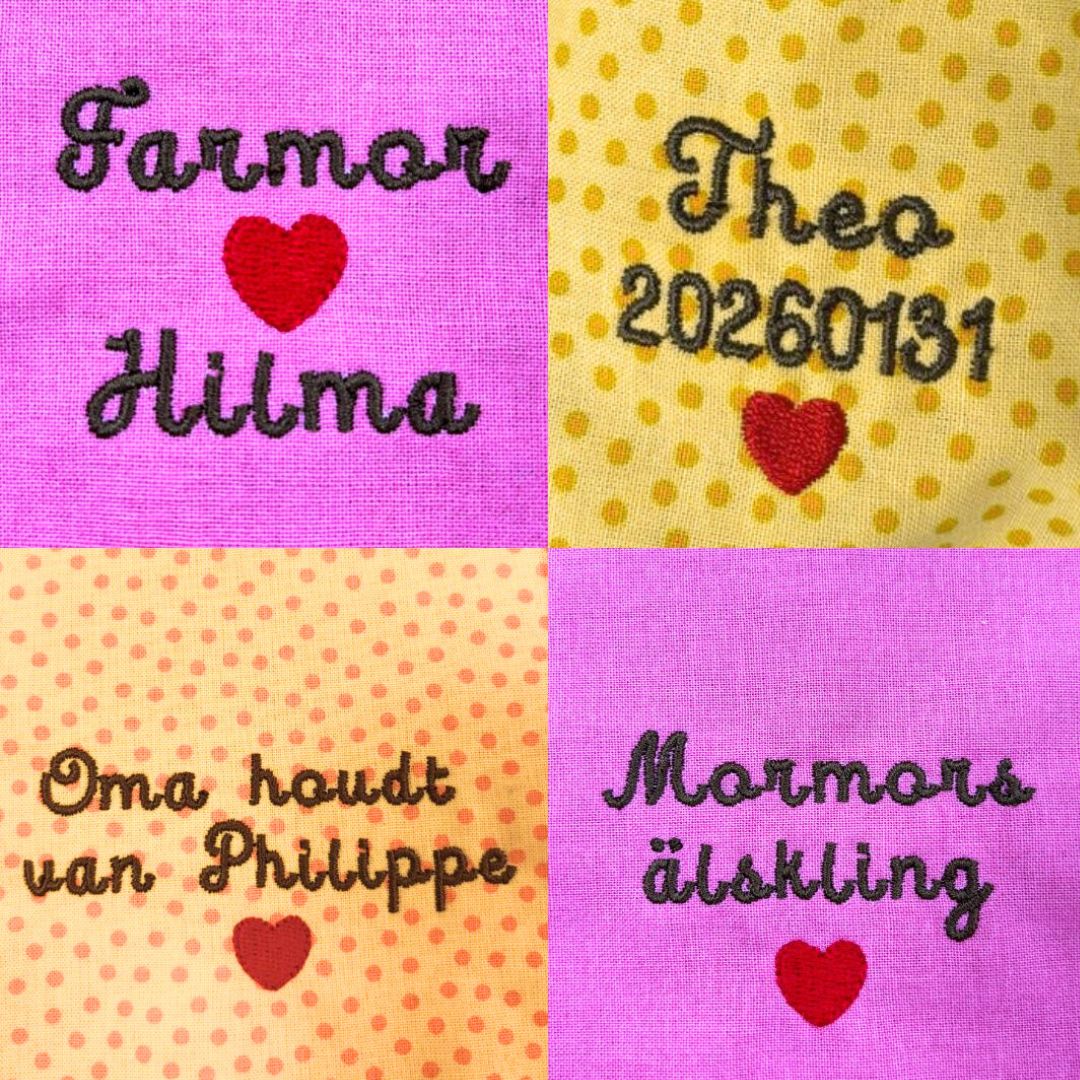 fyra exempel på brodyr med namn och hjärtan på dockkläder i olika färger