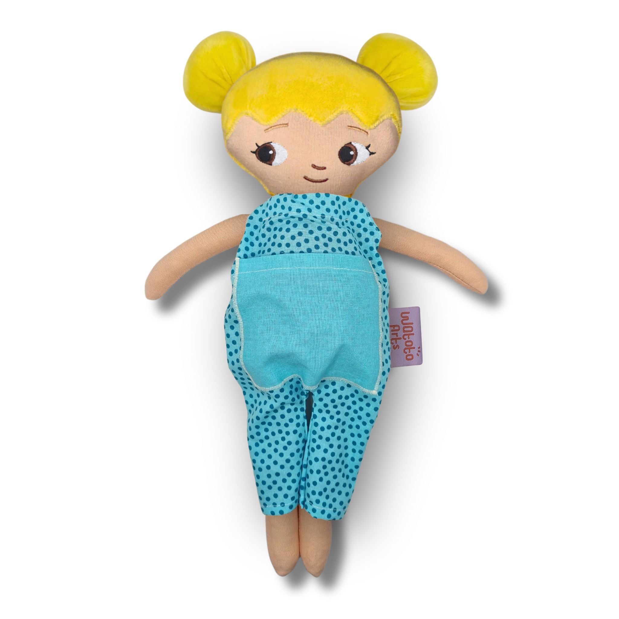 Dockan Amanda med blont hår, bruna ögon och blå jumpsuit