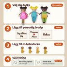 Information om hur kunden beställer sin docka steg för steg, 1. val av docka och kläder, 2. valfritt val av personligt brodyr på kläderna, 3.  valfritt val av bebisdocka, 4. val av ull eller återvunnen polyester som fyllnadsmaterial