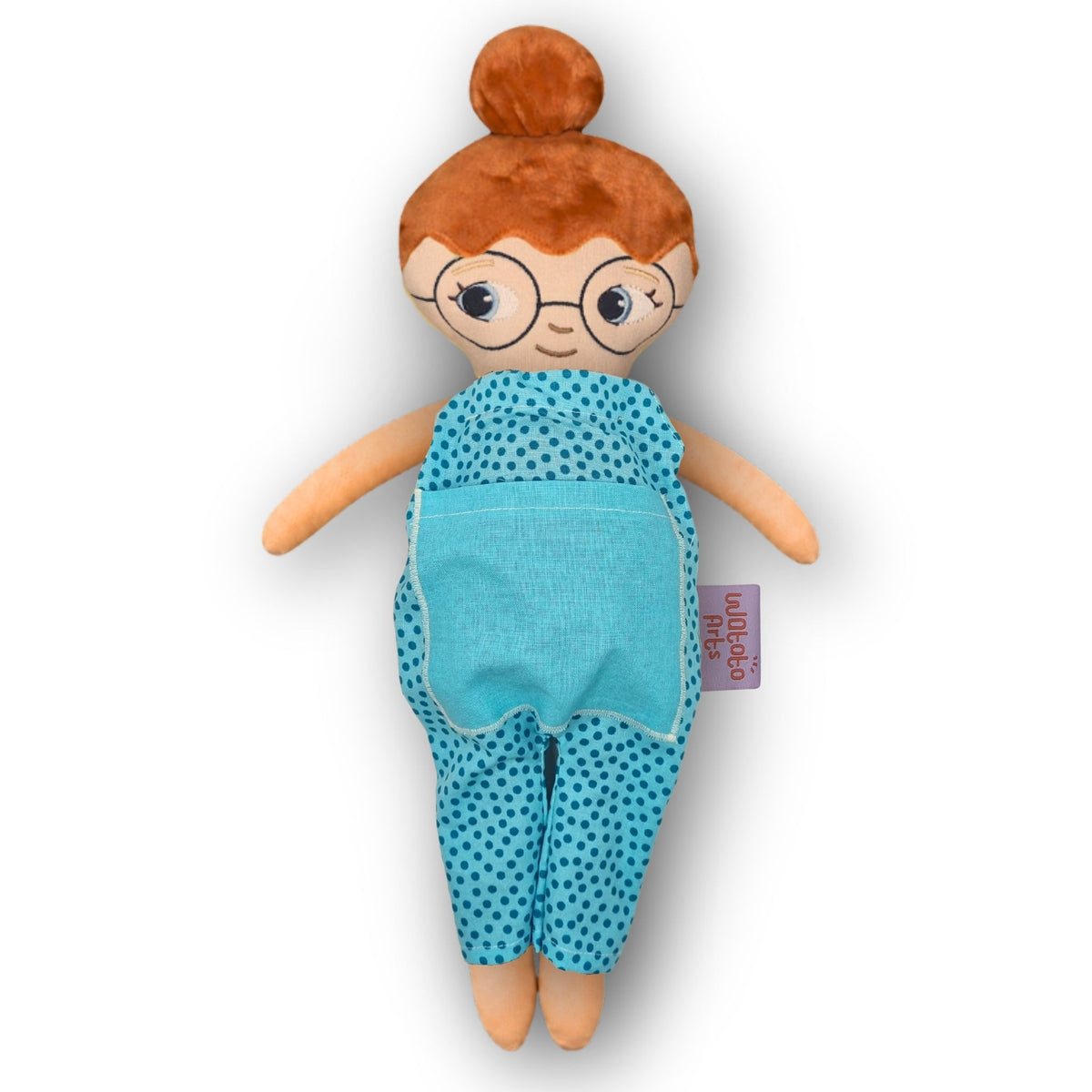 Dockan Mia med glasögon, rött hår i en hårknut och blå jumpsuit.