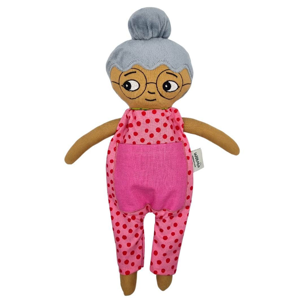 Watoto Arts | mormor farmor docka med glasögon och rosa jumpsuit