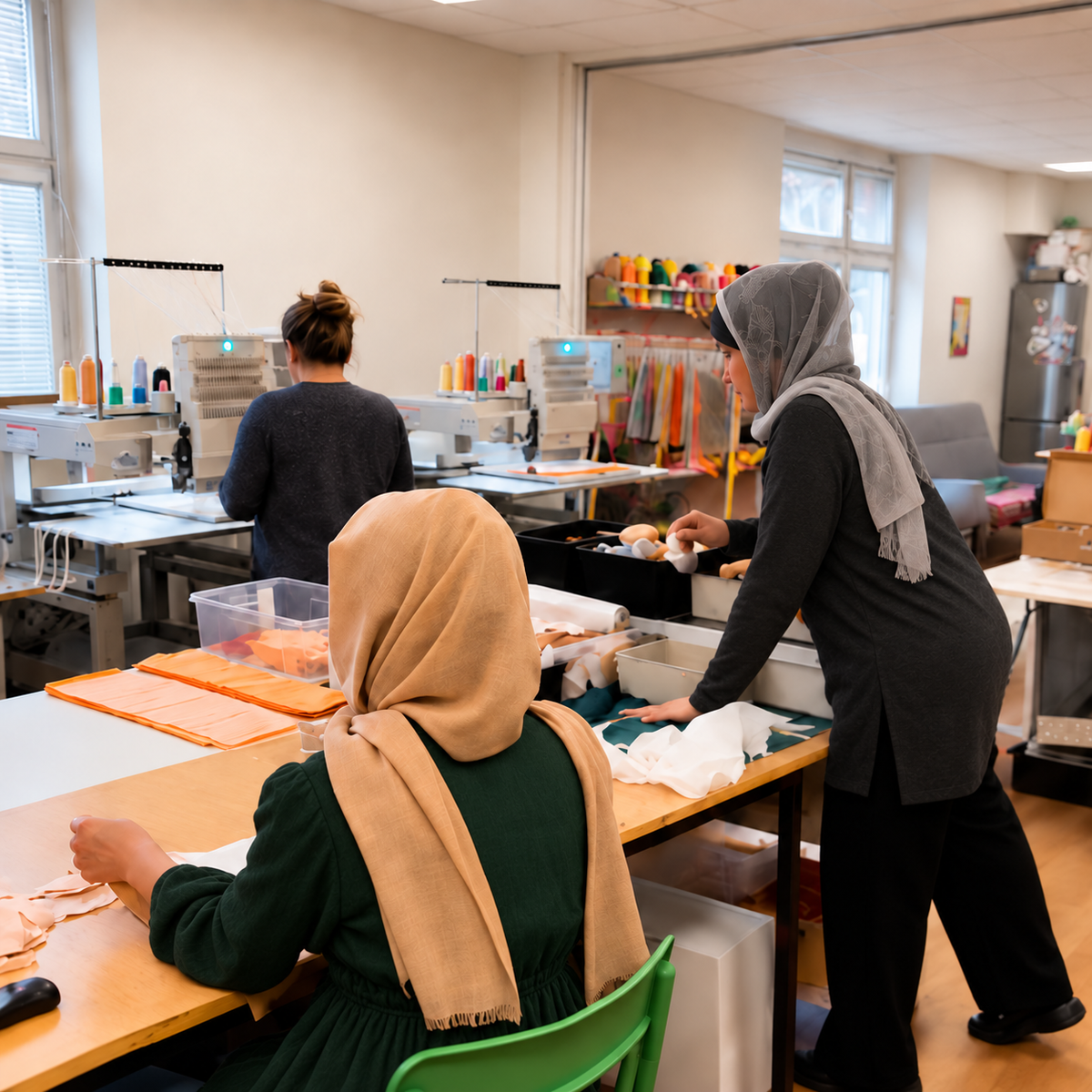 Tre sömmerskor arbetar med tyger och symaskiner i Watoto Arts verkstad i Solna